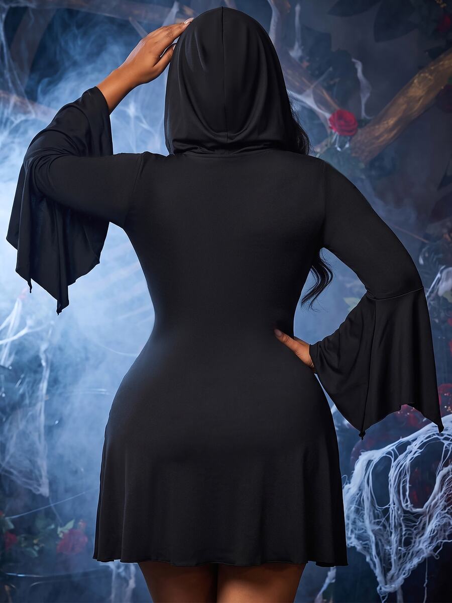 Plus size women's sexy lingerie role play costume featuring tie dye knitted fabric, long flare bell sleeves, wireless crossback straps, red contrast accents, and a matching hat.