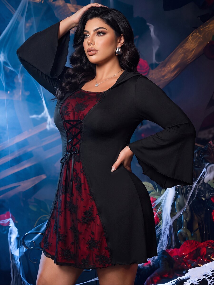 Plus size women's sexy lingerie role play costume featuring tie dye knitted fabric, long flare bell sleeves, wireless crossback straps, red contrast accents, and a matching hat.