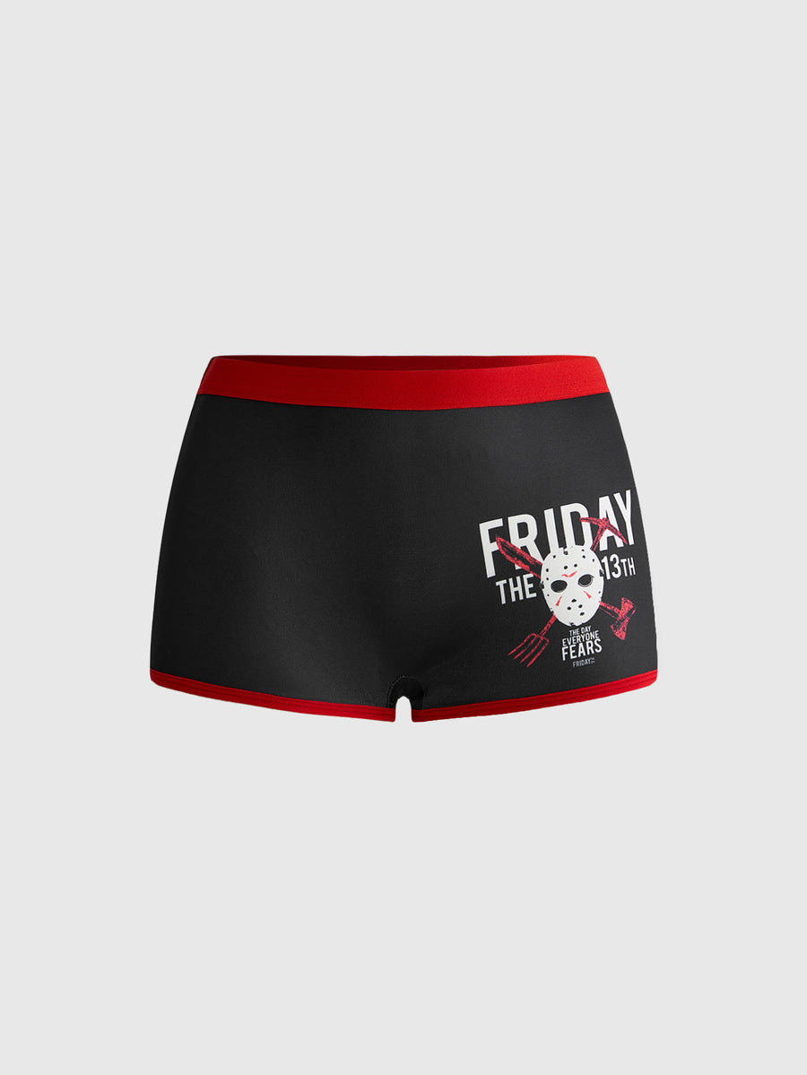 Friday the 13th horror movie print black 3-piece women's lingerie set featuring a wireless halter crop top with tie back and matching thong panties.