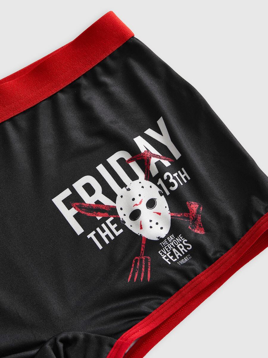 Friday the 13th horror movie print black 3-piece women's lingerie set featuring a wireless halter crop top with tie back and matching thong panties.