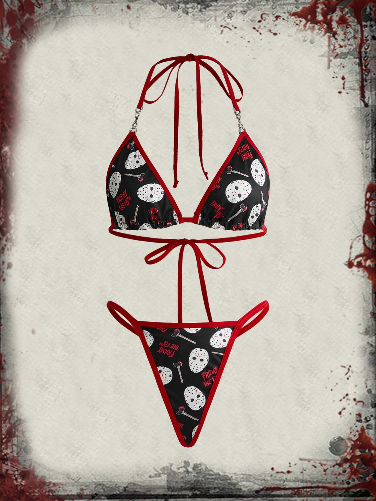 Friday the 13th horror movie print black 3-piece women's lingerie set featuring a wireless halter crop top with tie back and matching thong panties.