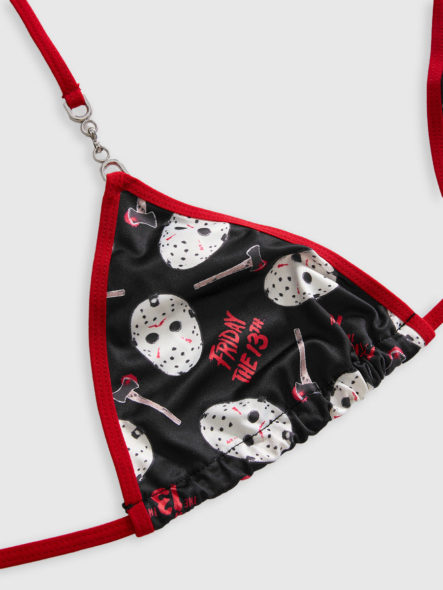 Friday the 13th horror movie print black 3-piece women's lingerie set featuring a wireless halter crop top with tie back and matching thong panties.