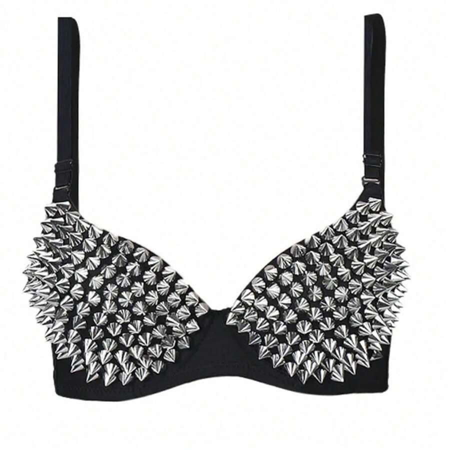 Metallic silver rivet studded push-up bra for women with adjustable straps and sequin accents