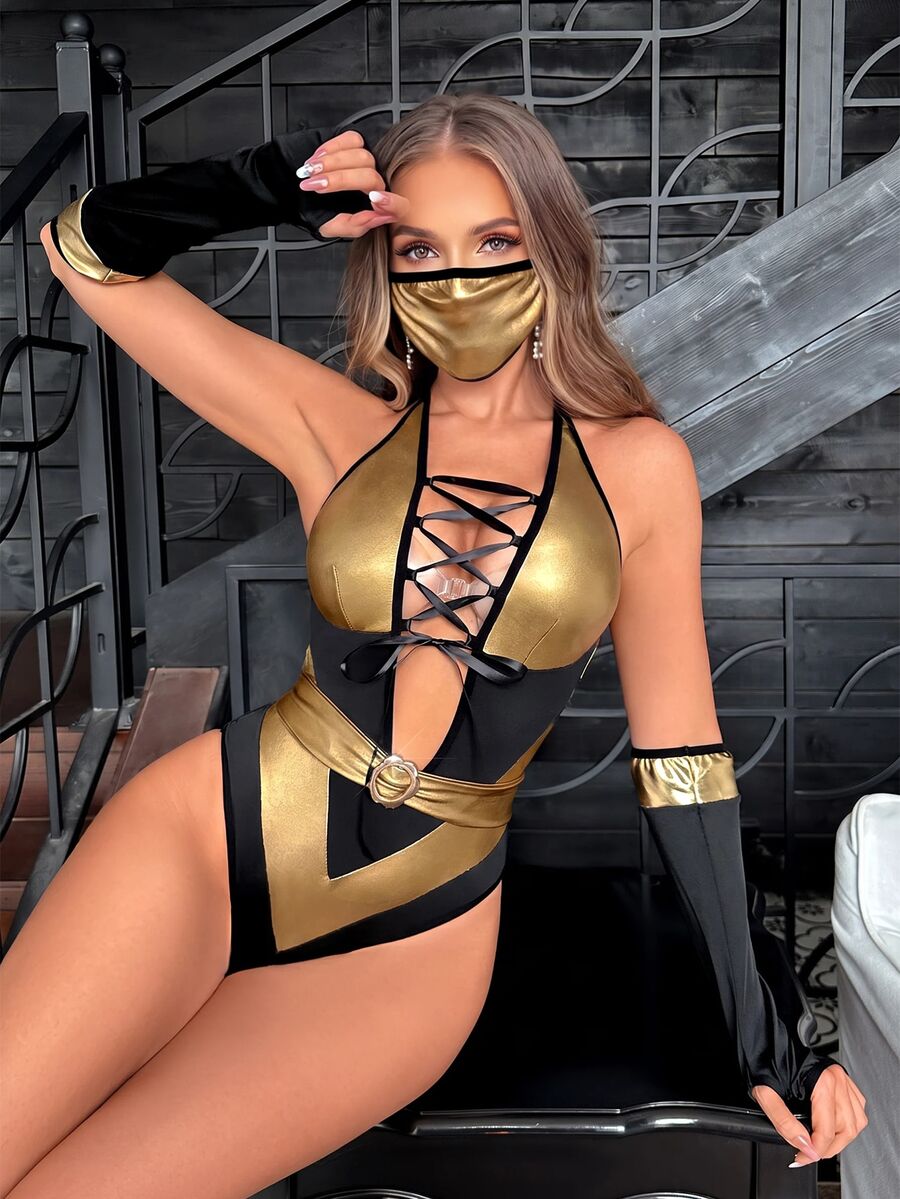 Women's 4-piece cosplay costume set featuring a sleeveless spaghetti strap belted bodysuit with matching fabric accessories