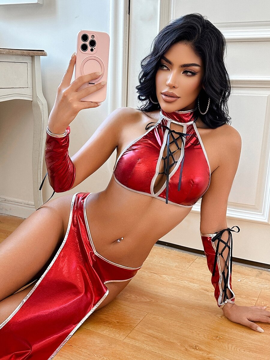 Women's 3-piece Chun-Li samurai cosplay lingerie set with criss-cross halter top, long split skirt, and panty