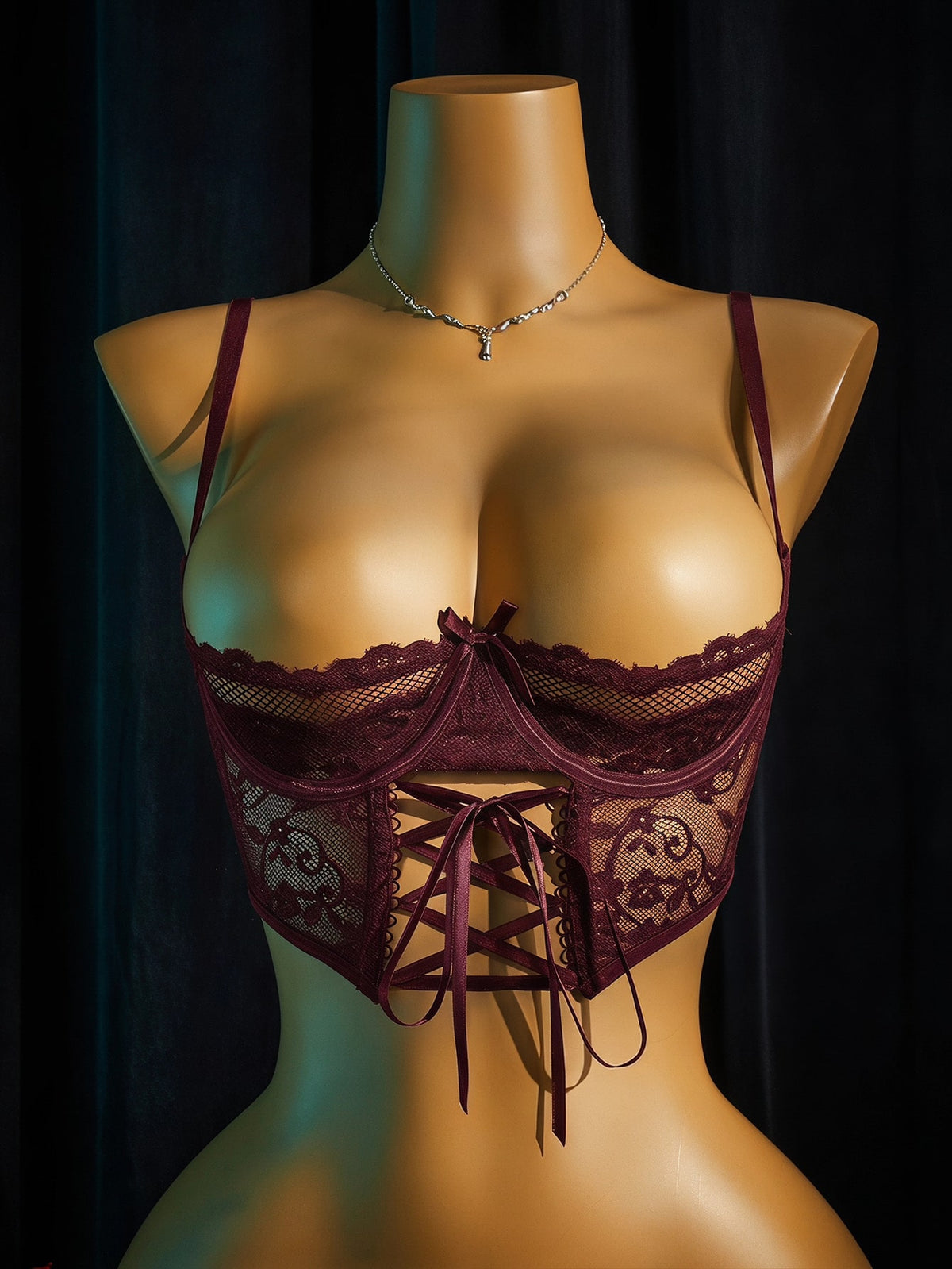 Women's sheer lace bralette lingerie set featuring a longline spaghetti strap bra top and matching mid-rise thong panty.