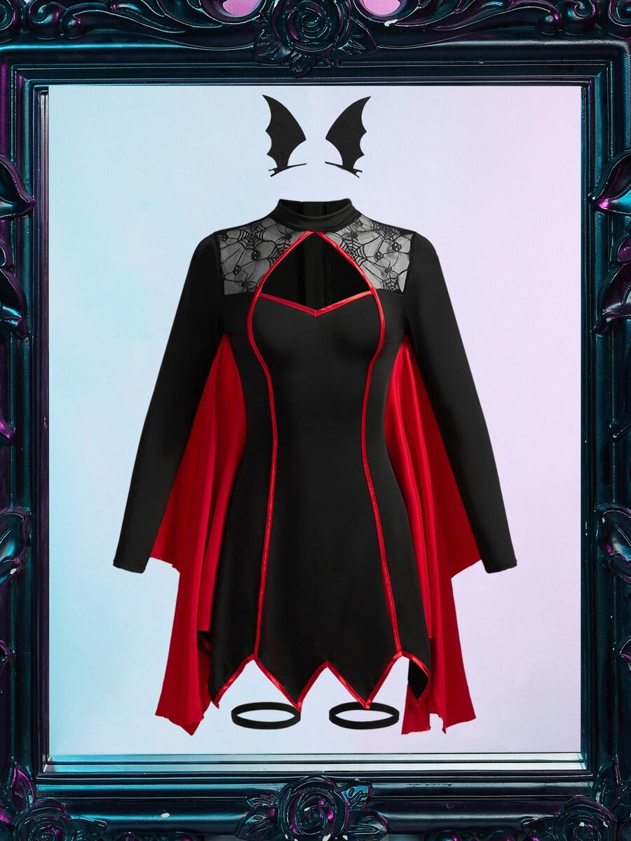 Women's black goth bat cape Halloween costume set featuring a short long-sleeve dress.