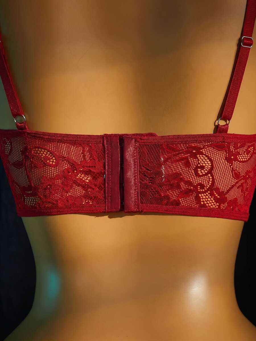 Women's sheer lace bralette lingerie set featuring a longline spaghetti strap bra top and matching mid-rise thong panty.