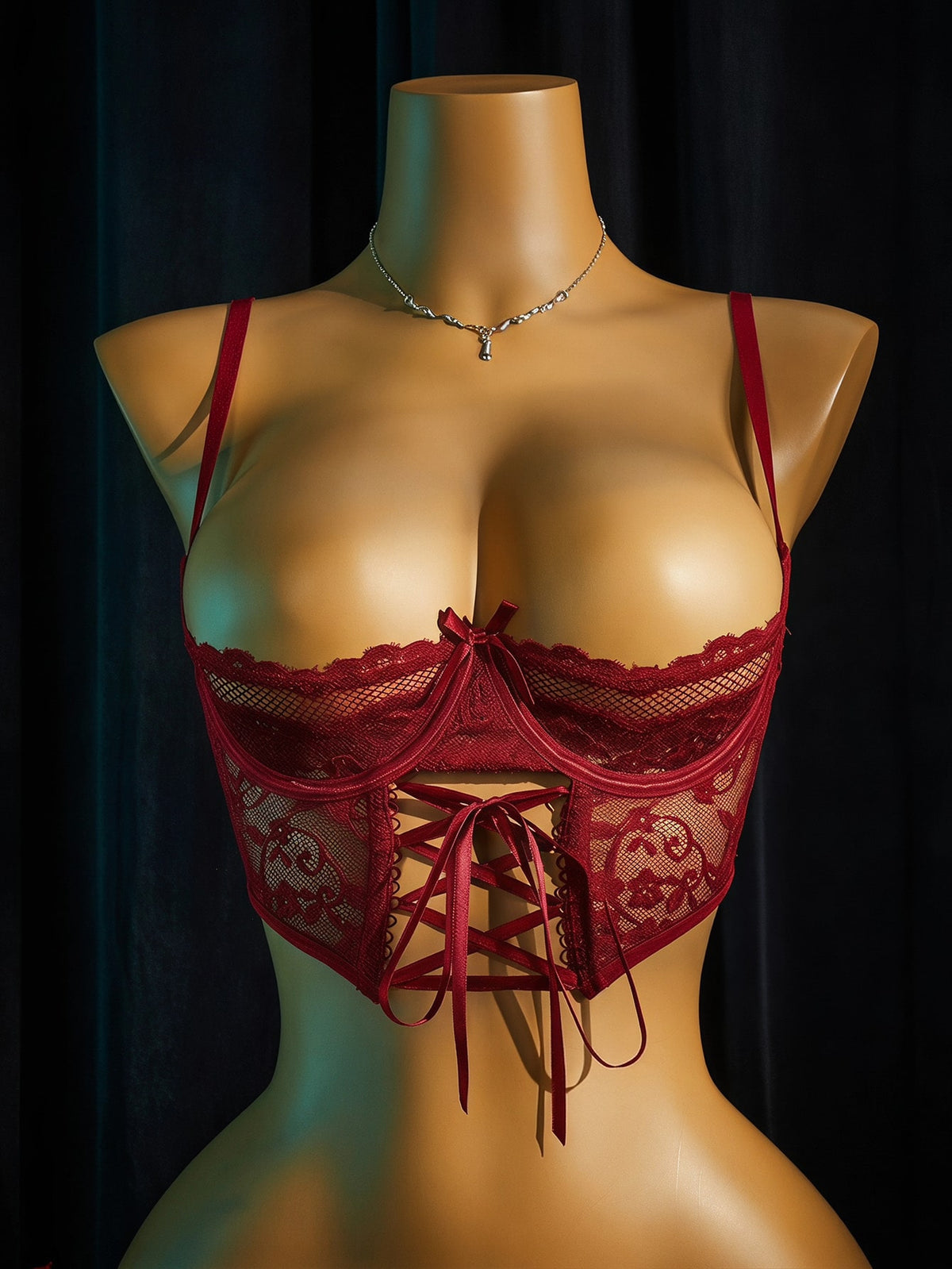 Women's sheer lace bralette lingerie set featuring a longline spaghetti strap bra top and matching mid-rise thong panty.