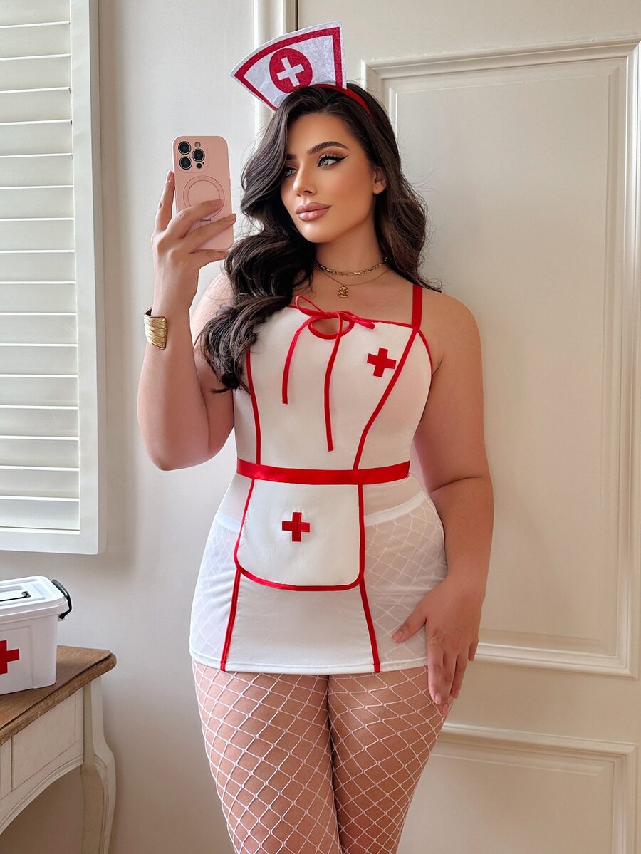 Red and white 4-piece sexy nurse cosplay costume set for women featuring a sleeveless short dress with bow and knot details, adjustable straps, matching apron, tights, and nurse hat.