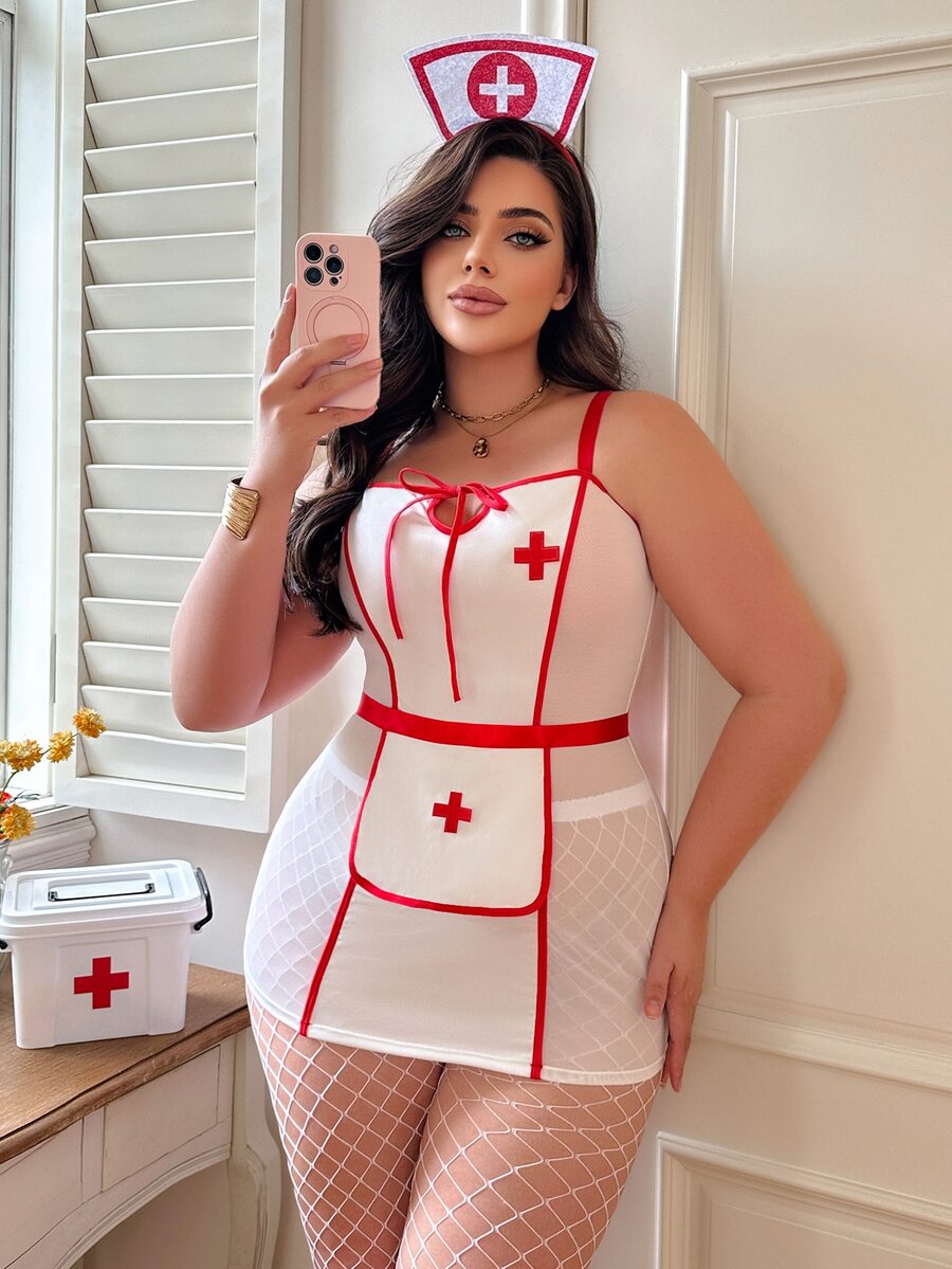 Red and white 4-piece sexy nurse cosplay costume set for women featuring a sleeveless short dress with bow and knot details, adjustable straps, matching apron, tights, and nurse hat.