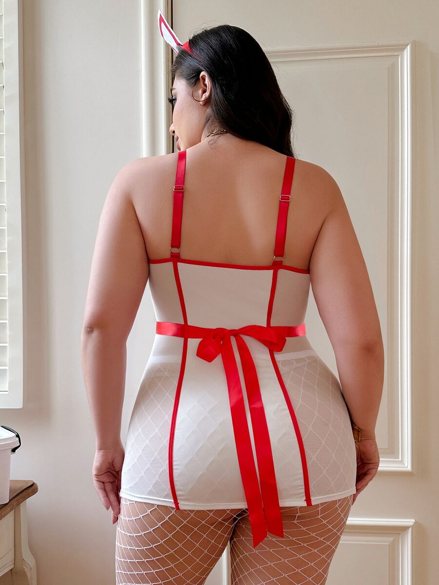 Red and white 4-piece sexy nurse cosplay costume set for women featuring a sleeveless short dress with bow and knot details, adjustable straps, matching apron, tights, and nurse hat.