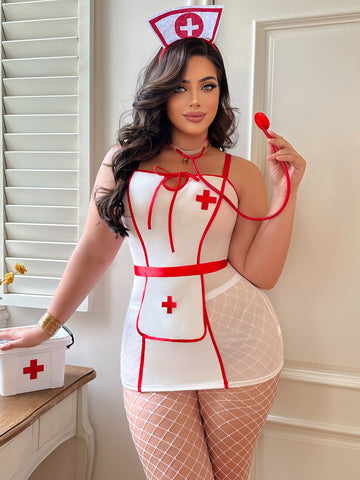 Red and white 4-piece sexy nurse cosplay costume set for women featuring a sleeveless short dress with bow and knot details, adjustable straps, matching apron, tights, and nurse hat.