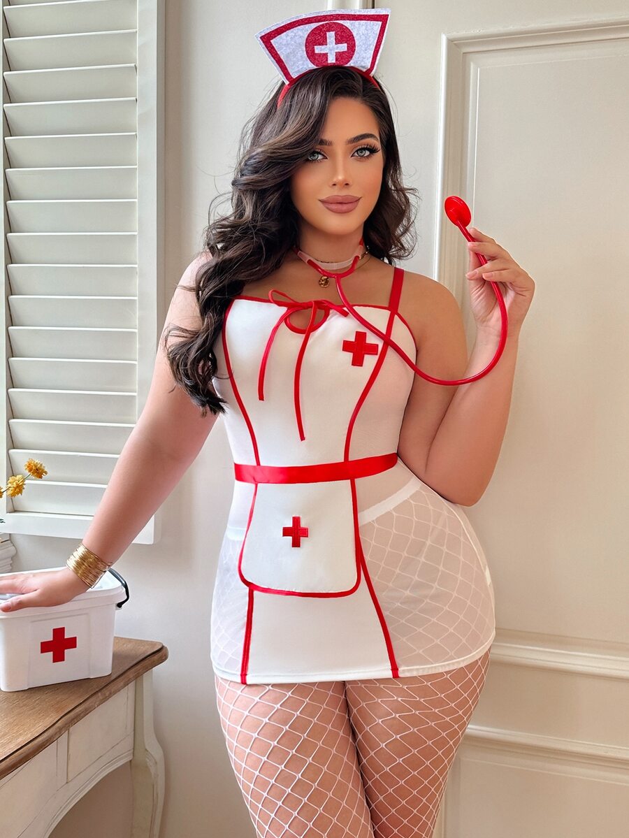 Red and white 4-piece sexy nurse cosplay costume set for women featuring a sleeveless short dress with bow and knot details, adjustable straps, matching apron, tights, and nurse hat.