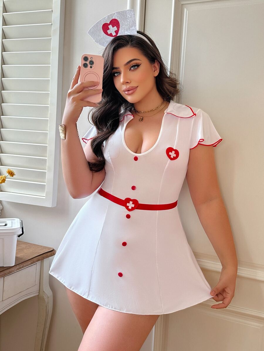 White 3-piece sexy cosplay Halloween costume set featuring a short sleeve short dress with a collar neckline and contrast binding.