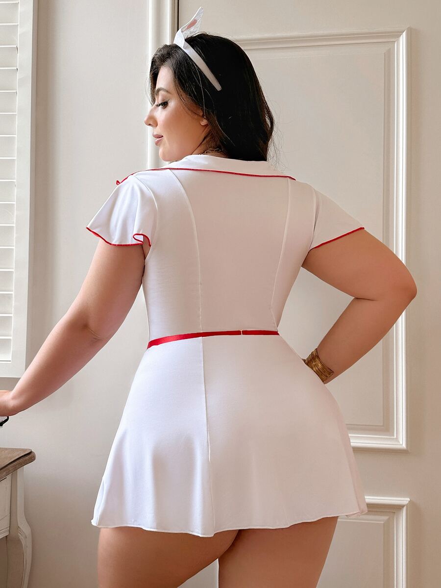 White 3-piece sexy cosplay Halloween costume set featuring a short sleeve short dress with a collar neckline and contrast binding.