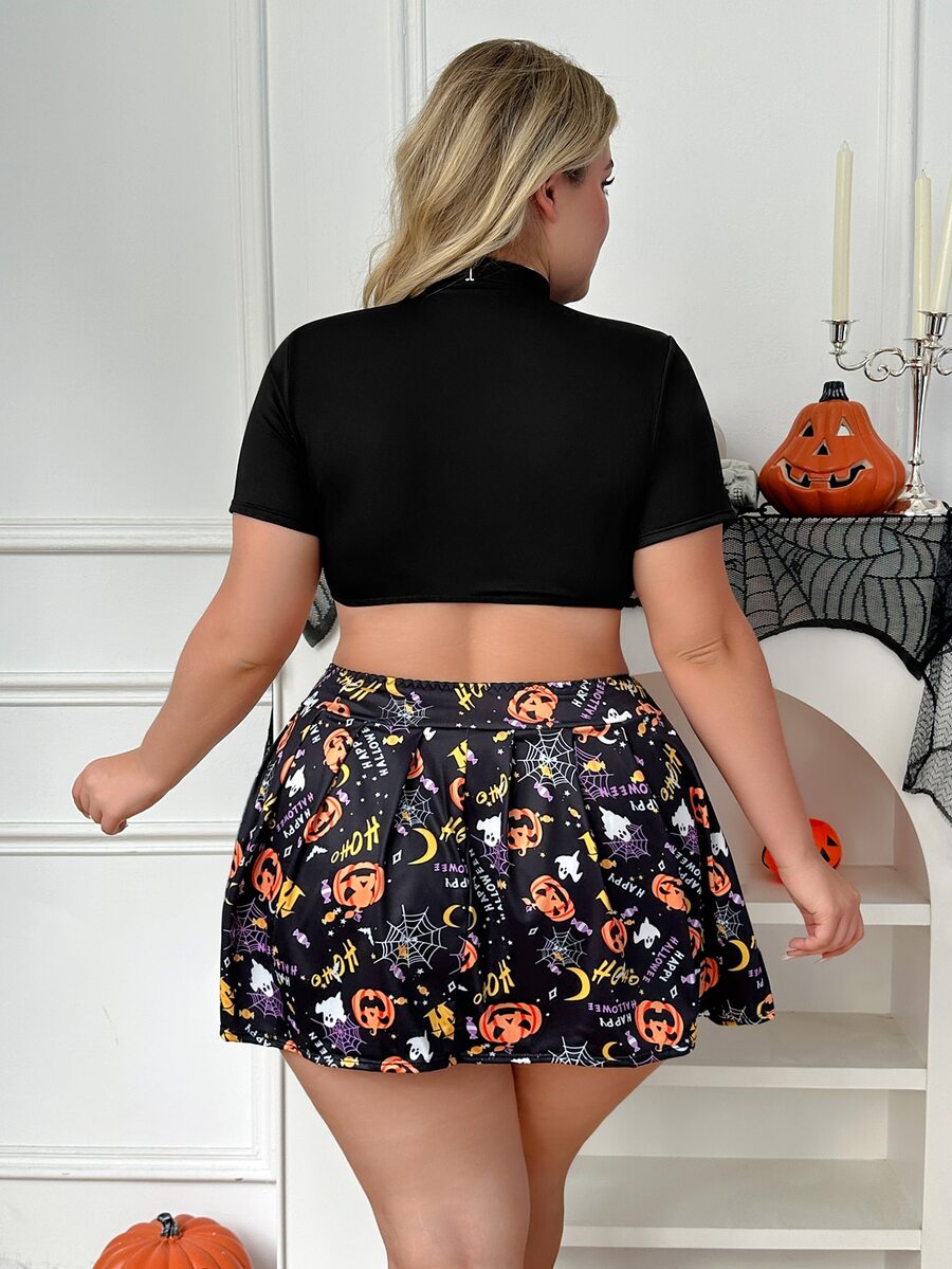 Black 3-piece plus size Goth Halloween costume set featuring a short sleeve micro crop top with knot details and a knee-length pumpkin print pleated skirt.