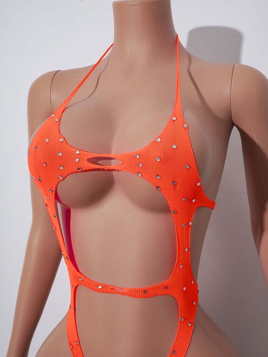 Women's Y2K shiny green halter teddy lingerie featuring rhinestone and ring accents, wireless bralette design, and adjustable straps.