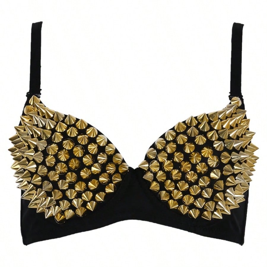 Metallic silver rivet studded push-up bra for women with adjustable straps and sequin accents
