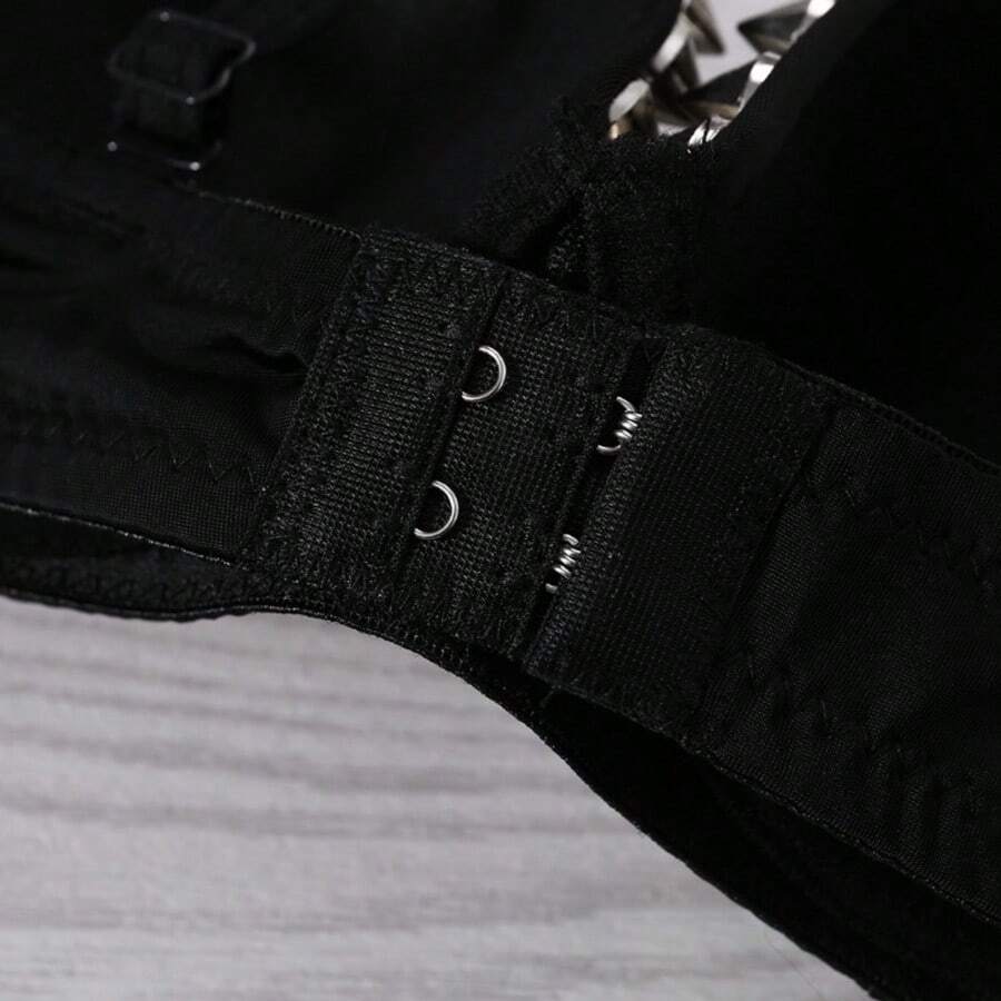 Metallic silver rivet studded push-up bra for women with adjustable straps and sequin accents