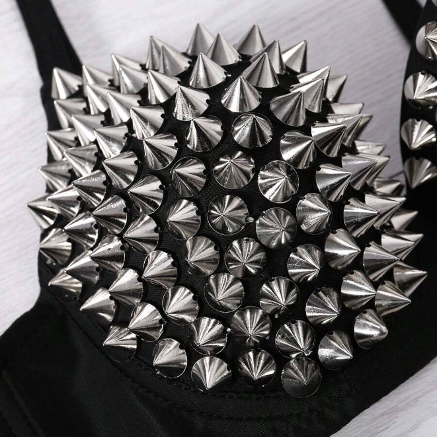 Metallic silver rivet studded push-up bra for women with adjustable straps and sequin accents