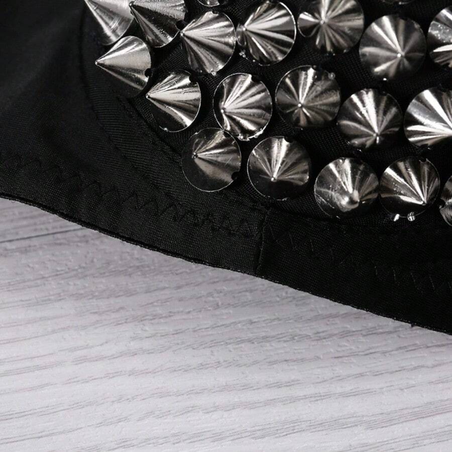 Metallic silver rivet studded push-up bra for women with adjustable straps and sequin accents