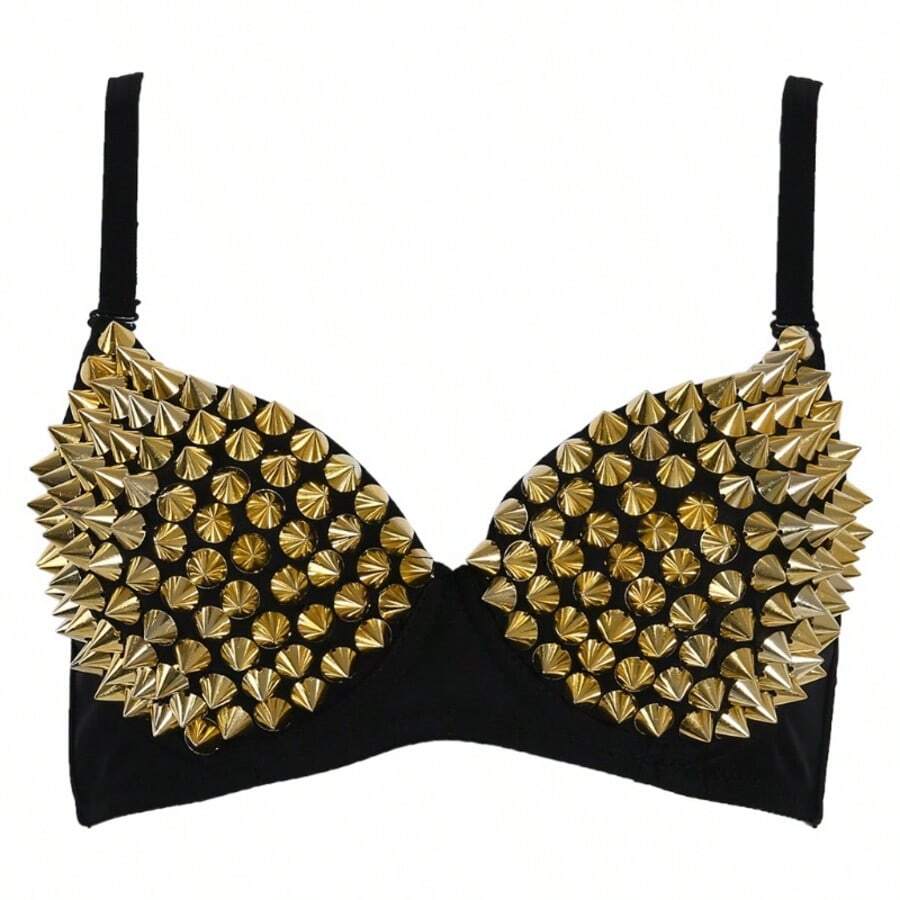 Metallic silver rivet studded push-up bra for women with adjustable straps and sequin accents
