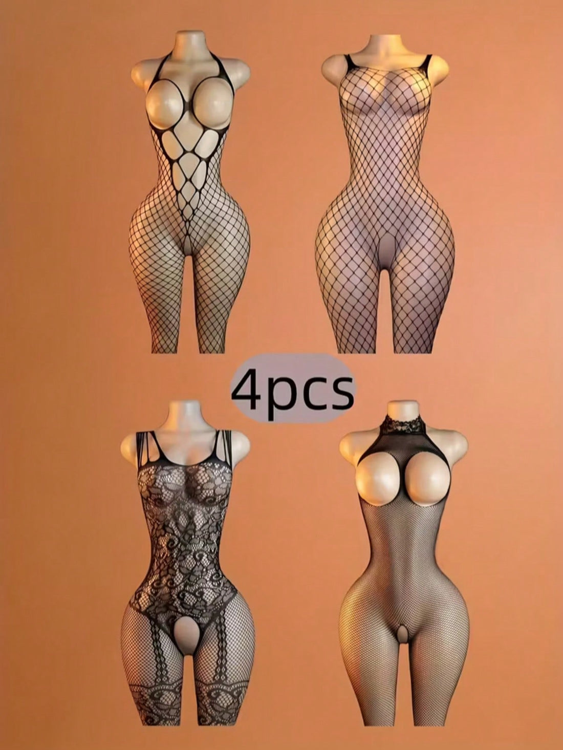 4-set black lace bodysuit with hollow out details and high elasticity for women's bedroom wear