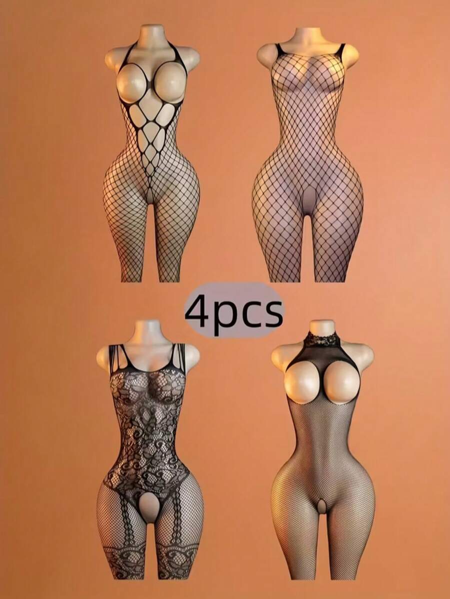 4-set black lace bodysuit with hollow out details and high elasticity for women's bedroom wear