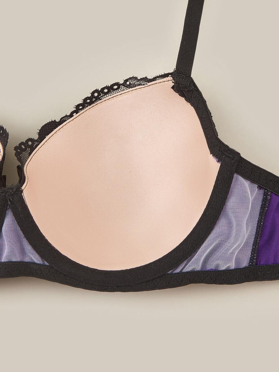 Purple 2-piece satin lingerie set featuring a push-up underwire bra with contrast lace trim, bow detail, adjustable shoulder straps, and matching low-rise briefs.