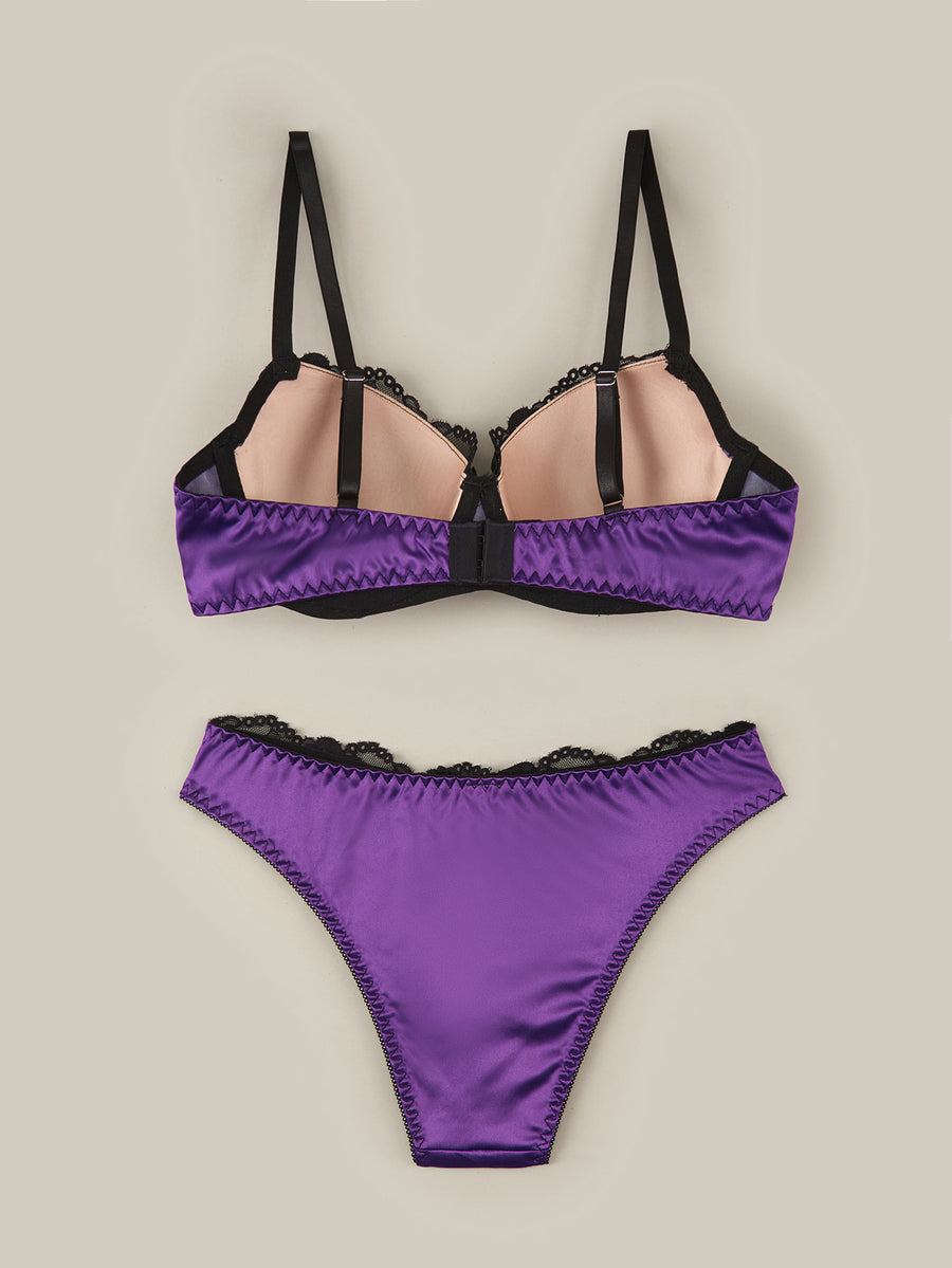 Purple 2-piece satin lingerie set featuring a push-up underwire bra with contrast lace trim, bow detail, adjustable shoulder straps, and matching low-rise briefs.