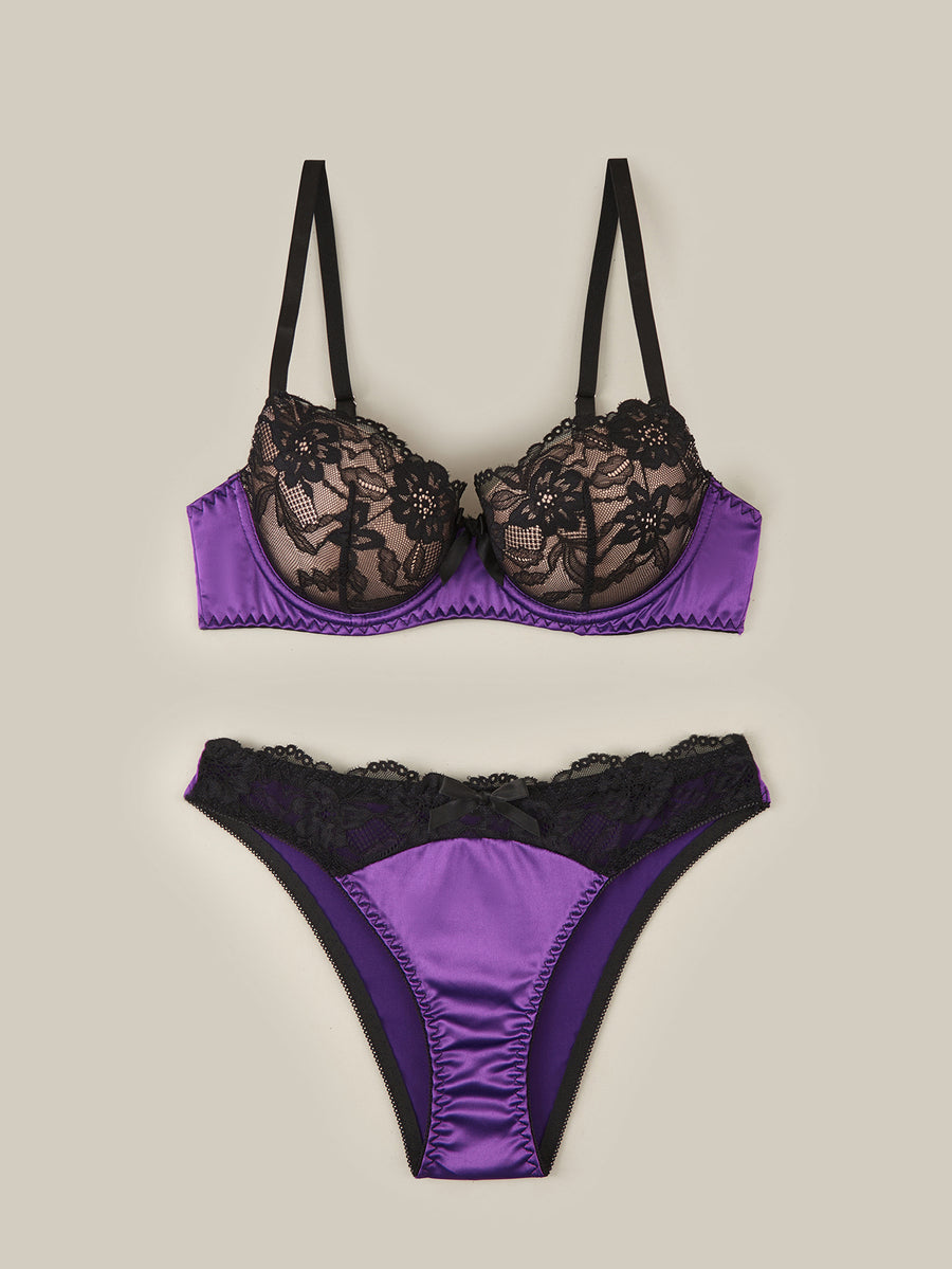 Purple 2-piece satin lingerie set featuring a push-up underwire bra with contrast lace trim, bow detail, adjustable shoulder straps, and matching low-rise briefs.