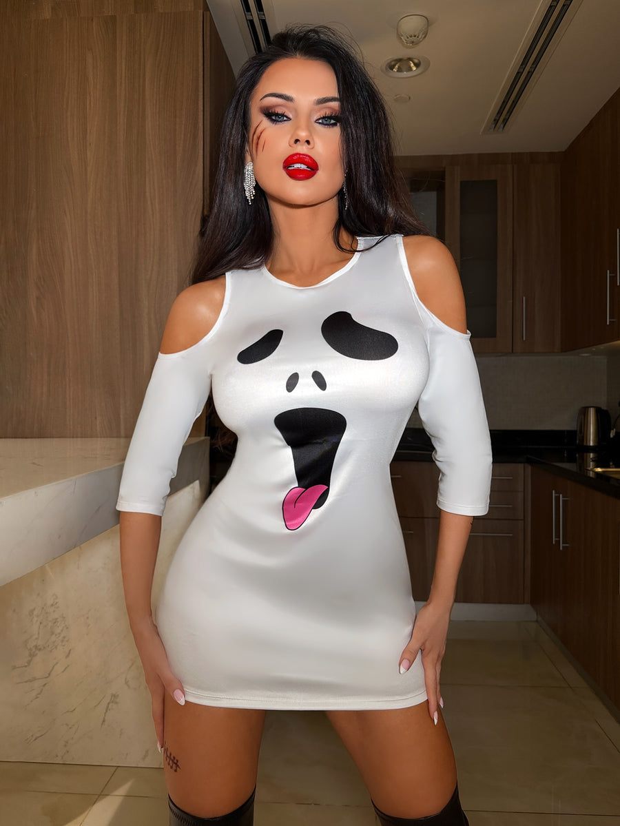 Women's white ghost face print costume dress with a stand collar, slim fit silhouette, regular sleeves, and short length.