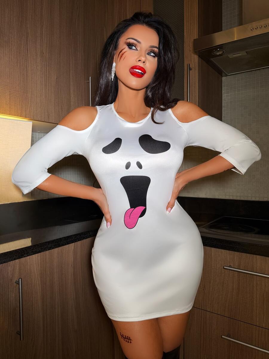 Women's white ghost face print costume dress with a stand collar, slim fit silhouette, regular sleeves, and short length.