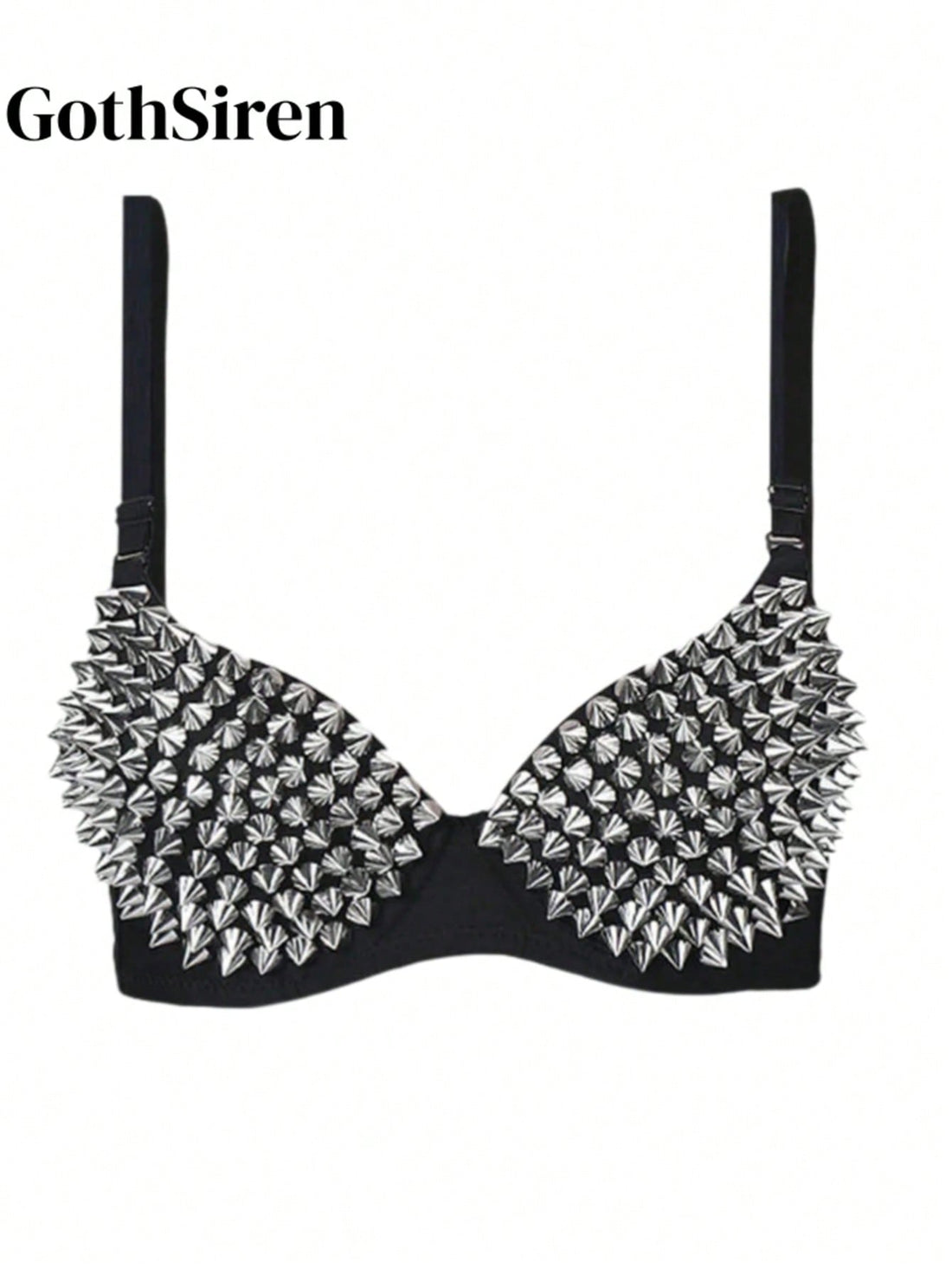 Metallic silver rivet studded push-up bra for women with adjustable straps and sequin accents