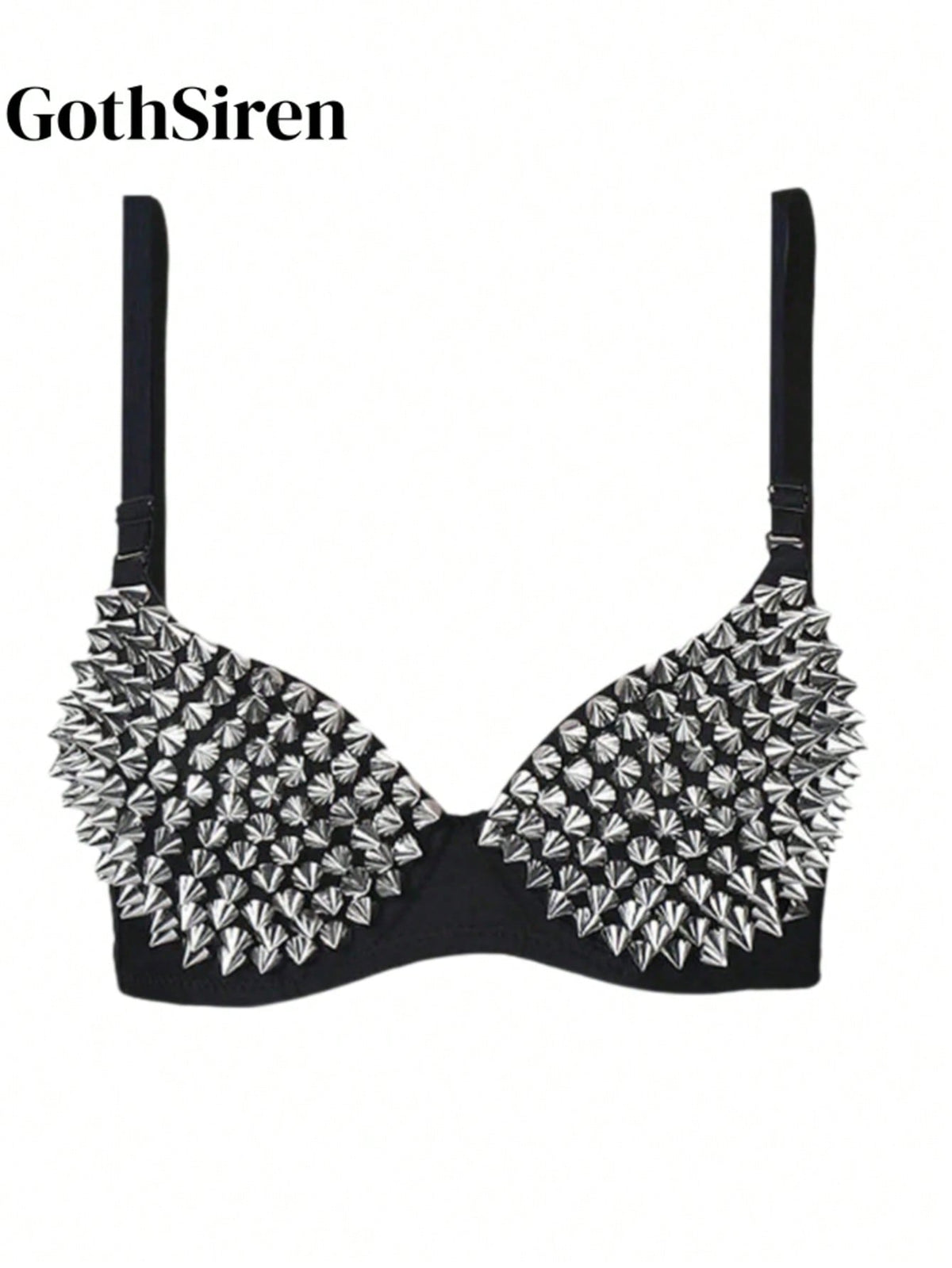 Metallic silver rivet studded push-up bra for women with adjustable straps and sequin accents