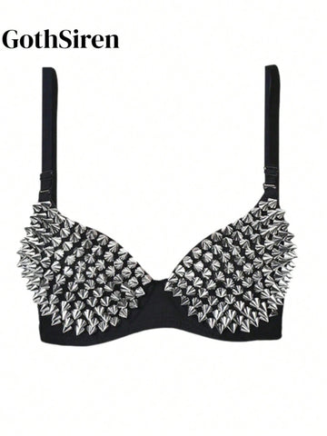 Metallic silver rivet studded push-up bra for women with adjustable straps and sequin accents
