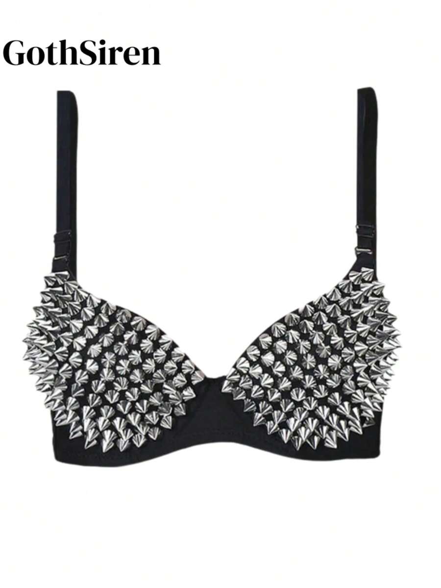Metallic silver rivet studded push-up bra for women with adjustable straps and sequin accents