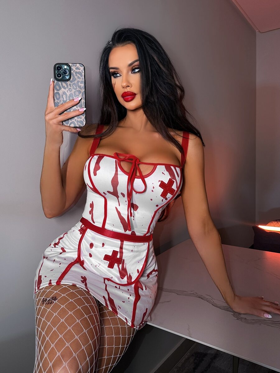 A 3-piece women's Halloween blood drip horror nurse costume set featuring a red and white sleeveless short dress.