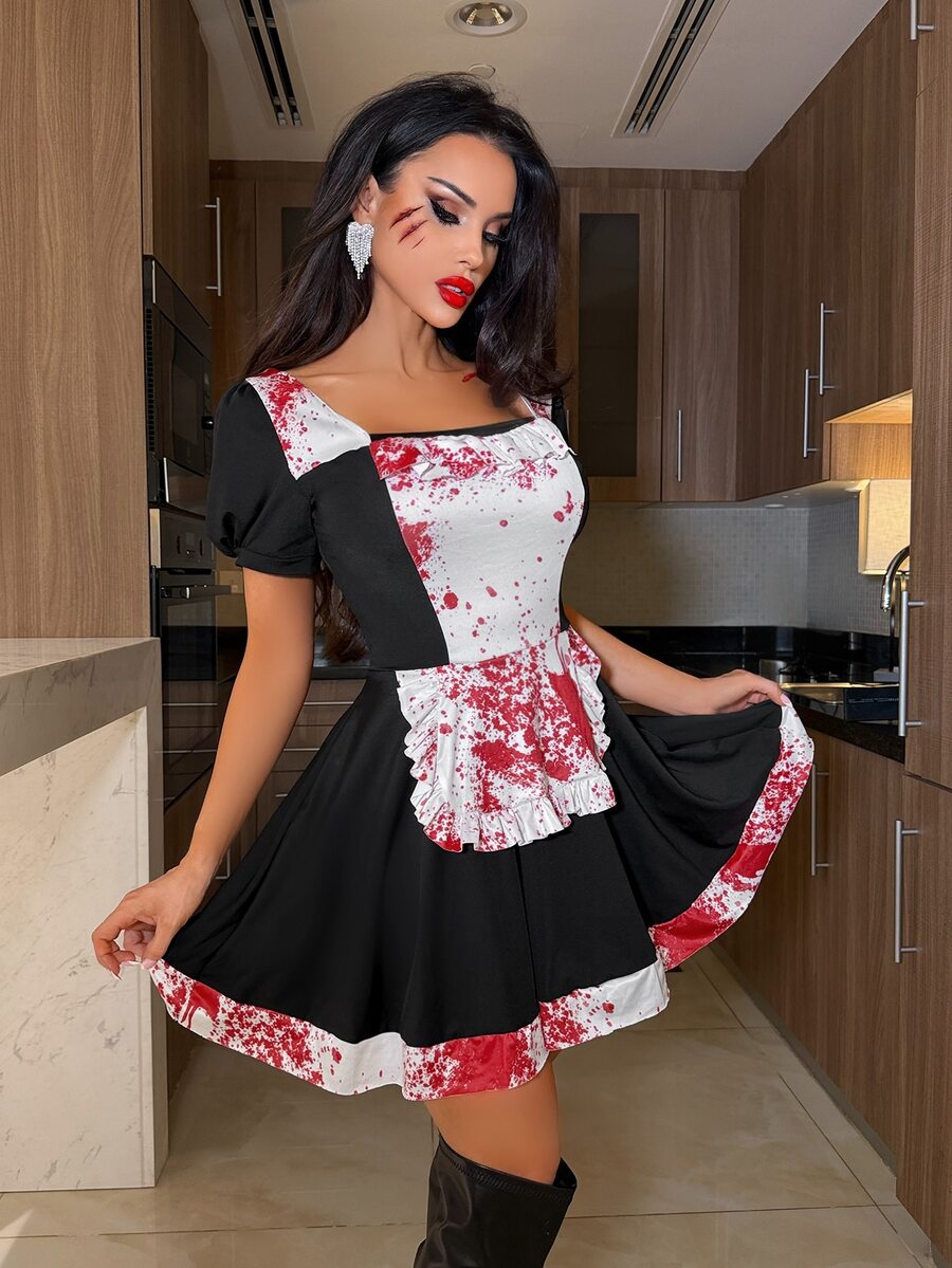 Women's black and white Halloween maid cosplay costume featuring contrast lace, ruffle hem, backless design, and bishop sleeves.