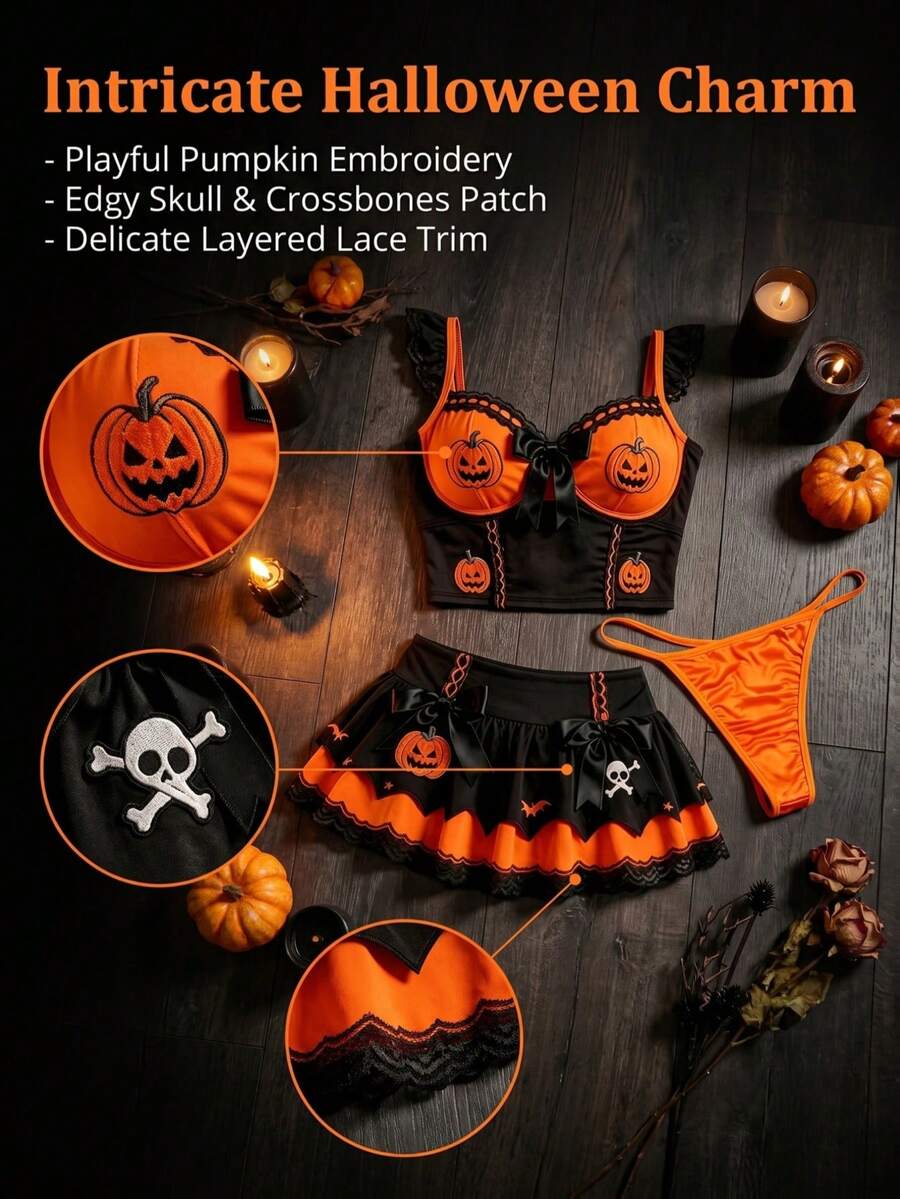 Black 3-piece Halloween lingerie set featuring pumpkin embroidery bustier top with spaghetti straps, bow detail, mini skirt, and matching thong.