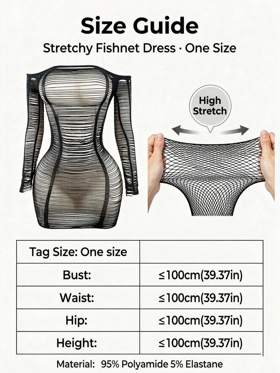 Women's black long sleeve fishnet cover-up mini dress featuring a hollow out sheer bodycon design