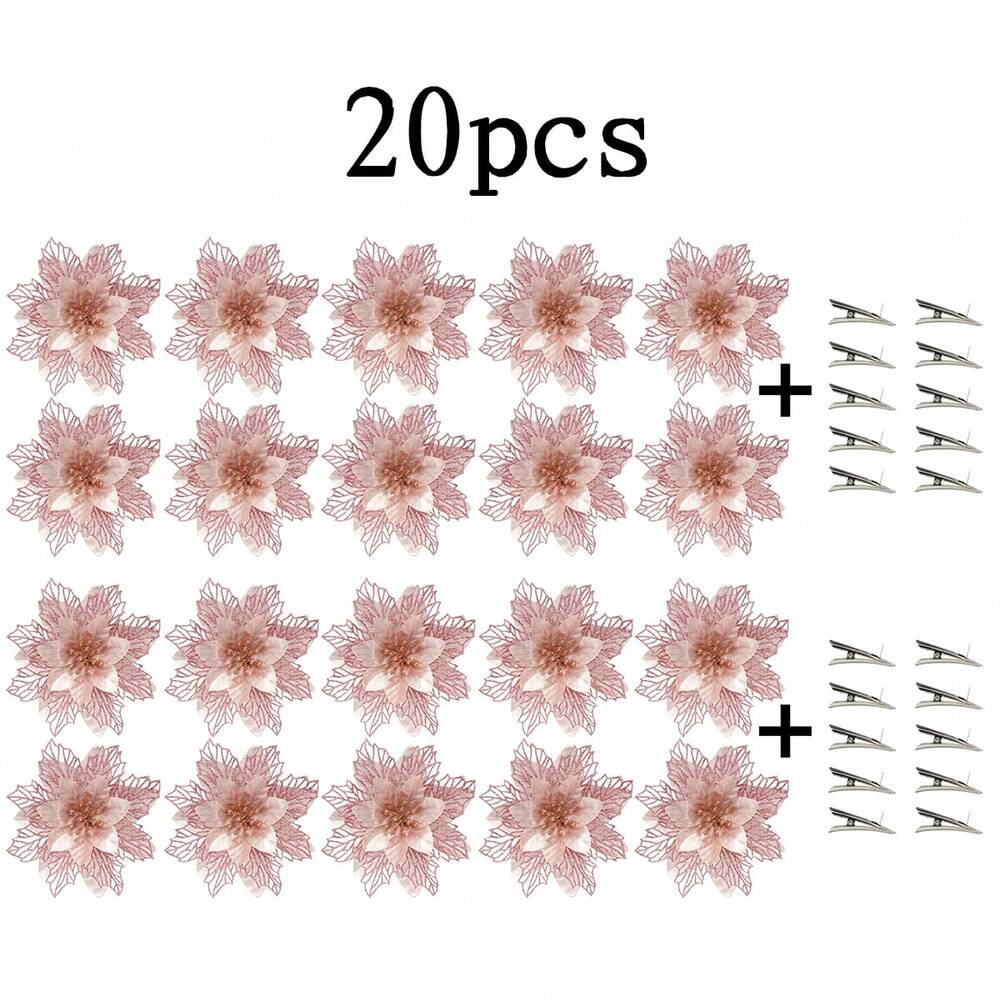 10pcs Glitter Poinsettia Ornaments with Clips & Stems, Sparkling Artificial Christmas Décor for Trees & Wreaths