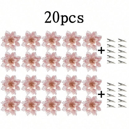 10pcs Glitter Poinsettia Ornaments with Clips & Stems, Sparkling Artificial Christmas Décor for Trees & Wreaths