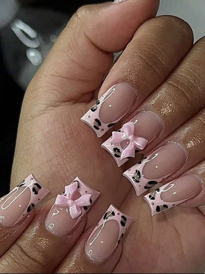 24pcs Long Ballet Christmas Press On Nails, White Snowflakes And Gingerbread Bow Design, 3D Acrylic False Nails For Women Holiday Gift