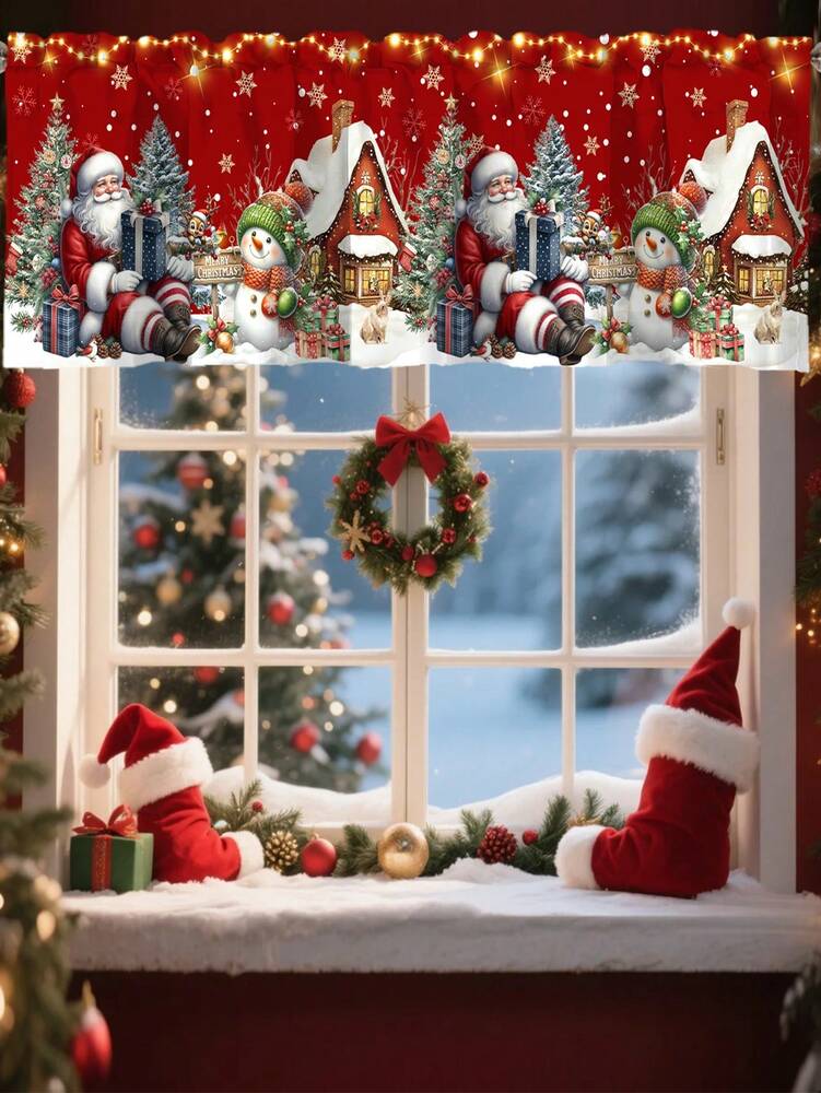 Santa Claus & Snowman Christmas Curtain Valance, 1–2 Piece Polyester Window Decor with Rod Pocket for Kitchen, Living Room or Bedroom