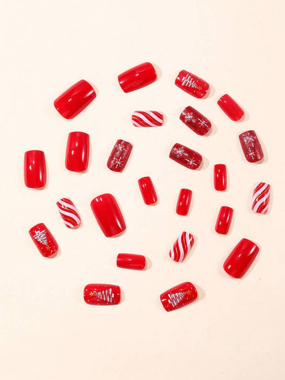 24pcs Short Square Champagne Glitter Christmas Press On Nails, Snowflake Full Cover Holiday False Nails For Women Nail Art Supplies