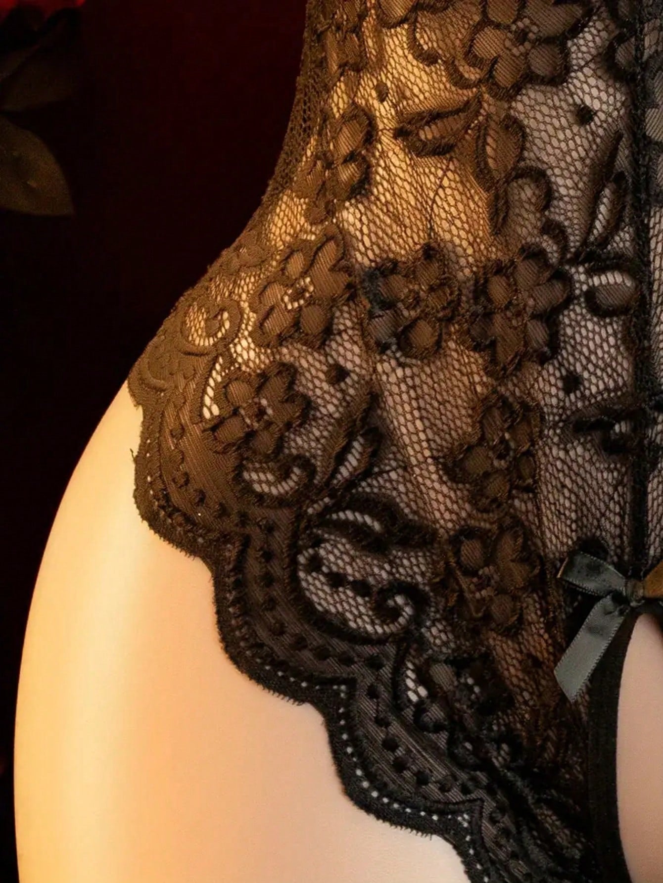 Women One-Piece Lace Bodysuit With Cutout Detail And Hollow Design Elements, Lightweight Fabric Construction, Flexible Fit, Simple Structure, Suitable For General Wear And Styling Use