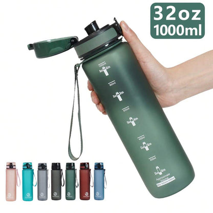 34oz Sports Water Bottle with Time Marker & Carry Strap, Leak-Proof Large Capacity Reusable Bottle for Gym, School, Biking & Outdoor Fitness (1pc)
