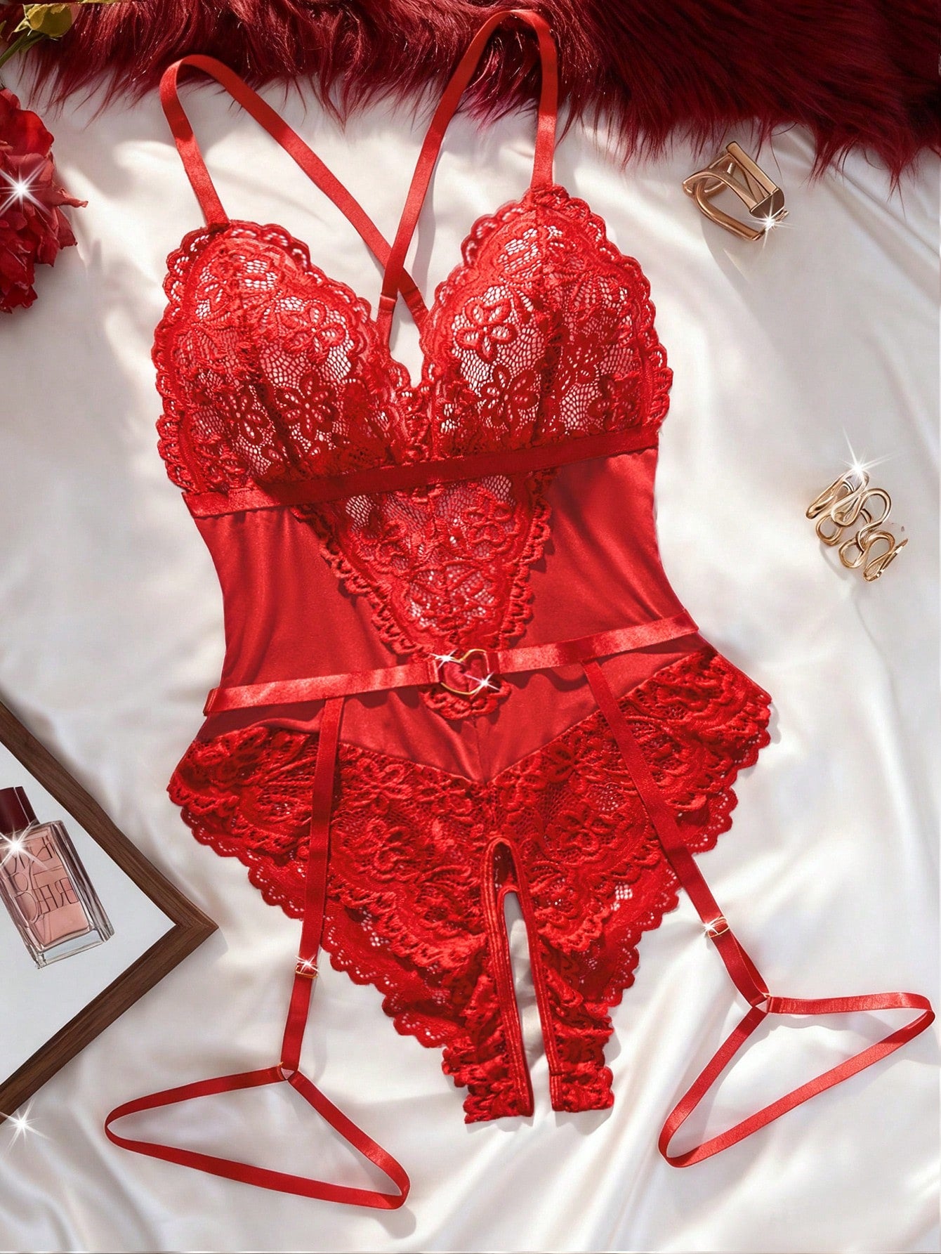 2pcs Women Lace Bodysuit Set With Sheer Fabric Design Including Wireless And Garter Belt Detail, Coordinated Two-Piece Construction, Lightweight And Flexible Fit, Suitable For General Wear And Styling